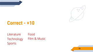 Correct - +10
79
Technology
Literature
Sports
Food
Film & Music
 