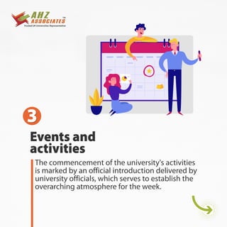 Events and
activities
3
3
The commencement of the university's activities
is marked by an official introduction delivered by
university officials, which serves to establish the
overarching atmosphere for the week.
 