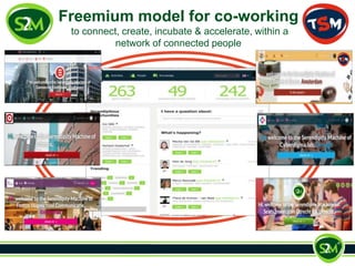 Freemium model for co-working 
to connect, create, incubate & accelerate, within a 
network of connected people 
 