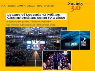 E-Sports for pro-gamers. The heroe ‘PewDiePie’
has 41 million subscribers and 10 billion video clicks.
PLATFORMS: GAMING BIGGER THAN SPORTS
 