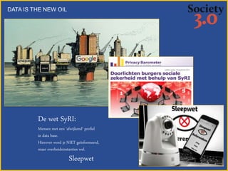 De wet SyRI:
Mensen met een ‘afwijkend’ profiel
in data base.
Hierover word je NIET geïnformeerd,
maar overheidsinstanties wel.
Sleepwet
DATA IS THE NEW OIL
 