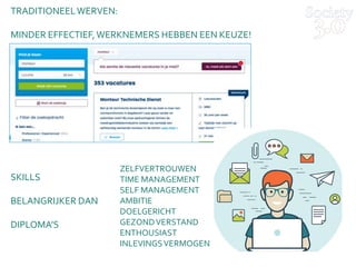 TRADITIONEELWERVEN:
MINDER EFFECTIEF,WERKNEMERS HEBBEN EEN KEUZE!
SKILLS
BELANGRIJKER DAN
DIPLOMA’S
ZELFVERTROUWEN
TIME MANAGEMENT
SELF MANAGEMENT
AMBITIE
DOELGERICHT
GEZONDVERSTAND
ENTHOUSIAST
INLEVINGSVERMOGEN
 