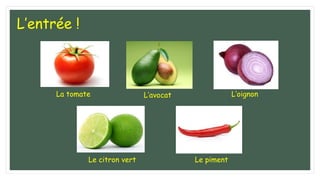 L’entrée !
La tomate L’avocat L’oignon
Le citron vert Le piment
 