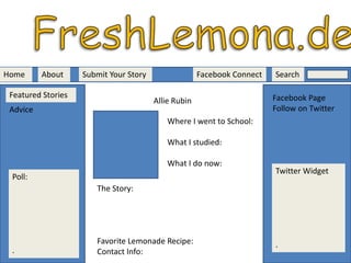 FreshLemona.deHomeAboutSearch Facebook ConnectSubmit Your StoryFeatured StoriesFacebook PageFollow on TwitterAllie RubinAdviceWhere I went to School:What I studied:What I do now:Twitter Widget.Poll:.The Story:Favorite Lemonade Recipe:Contact Info: