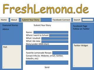 FreshLemona.deHomeAboutSearch Facebook ConnectSubmit Your StoryFeatured StoriesSubmit Your StoryFacebook PageFollow on TwitterAdviceName:Where I went to School:What I studied:What I do now:Story (under 1000 char):Favorite Lemonade Recipe:Conact Info (ie. Website, email, twitter, linkedIn, etc)SendTwitter Widget.Poll:.