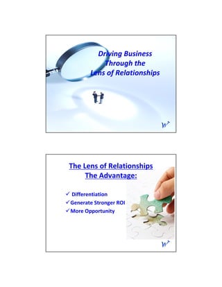 Driving Business
Through the
Lens of Relationships
The Lens of Relationships
The Advantage:
Differentiation
Generate Stronger ROI
More Opportunity
 