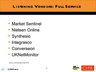 Market Sentinel Nielsen Online Synthesio Integrasco Converseon UKNetMonitor Source: Luke Brynley-Jones 2010 Listening Vendors:  Full Service 33 