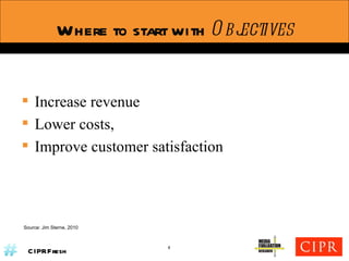 Where to start with  Objectives Increase revenue  Lower costs, Improve customer satisfaction Source: Jim Sterne, 2010 4 