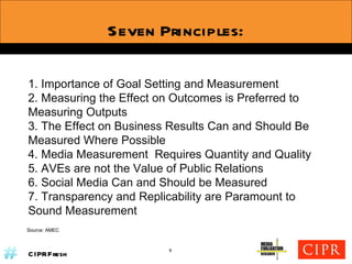 Seven Principles: 1. Importance of Goal Setting and Measurement  2. Measuring the Effect on Outcomes is Preferred to  Measuring Outputs 3. The Effect on Business Results Can and Should Be  Measured Where Possible  4. Media Measurement  Requires Quantity and Quality 5. AVEs are not the Value of Public Relations  6. Social Media Can and Should be Measured  7. Transparency and Replicability are Paramount to  Sound Measurement Source: AMEC 6 