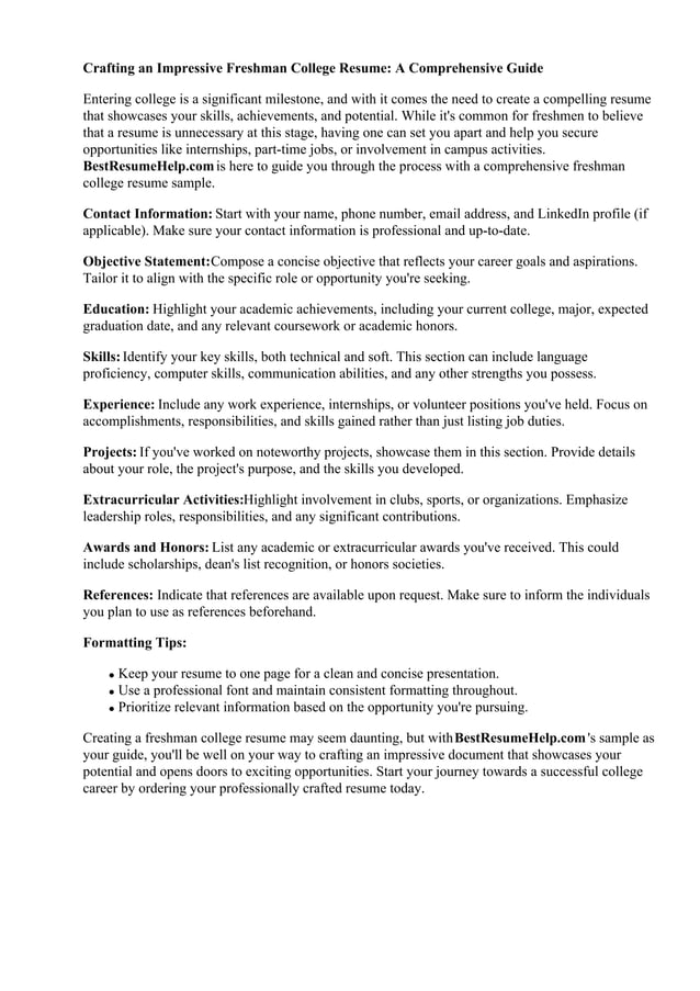 Freshman College Resume Sample - Freshman College Resume Sample 1 638 