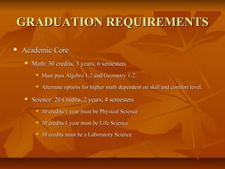 GRADUATION REQUIREMENTSGRADUATION REQUIREMENTS
 Academic CoreAcademic Core
 Math: 30 credits; 3 years; 6 semestersMath: 30 credits; 3 years; 6 semesters
 Must pass Algebra 1-2 and Geometry 1-2.Must pass Algebra 1-2 and Geometry 1-2.
 Alternate options for higher math dependent on skill and comfort level.Alternate options for higher math dependent on skill and comfort level.
 Science: 20 Credits; 2 years; 4 semestersScience: 20 Credits; 2 years; 4 semesters
 10 credits/1 year must be Physical Science10 credits/1 year must be Physical Science
 10 credits/1 year must be Life Science10 credits/1 year must be Life Science
 10 credits must be a Laboratory Science10 credits must be a Laboratory Science
 