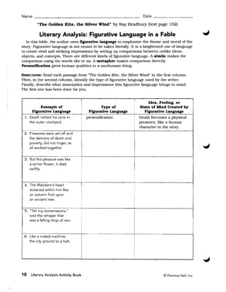Name ______________________________________________ Date _ _ _ _ _ _ __

         "The Golden Kite, the Silver Wind" by Ray Bradbury (text page 152)

           Literary Analysis: Figurative Language in a Fable
   In this fable, the author uses figurative language to emphasize the theme and moral of the
story. Figurative language is not meant to be taken literally. It is a heightened use of language
to create vivid and striking impressions by setting up comparisons between unlike ideas,
objects. and concepts. There are different kinds of figurative language. A simile makes the
comparison using the words like or as. A metaphor makes comparison directly.
Personification gives human qualities to a nonhuman thing.

DIRECTIONS: Read each passage from "The Golden Kite. the Silver Wind" in the first column.
Then. in the second column. identify the type of figurative language used by the writer.
Finally, describe what association and impressions this figurative language brings to mind.
The first one has been done for you.


                                                                 I      Idea, Feeling, or
            Example of                            Type of          State of Mind Created by
       Figurative Language                 Figurative Language   I    Figurative Language
 1. 	 Death rattled his cane in           personification        i Death becomes a physical
     the outer courtyard.            I	                            presence, like a human
                                                                   character in the story.
 2. 	Fireworks were set off and
     the demons of death and
     poverty, did not linger, as
     all worked together.

 3. 	But the pleasure was like
     a winter flower; it died
     swiftly.



 4. 	The Mandarin's heart
     sickened within him like
     an autumn fruit upon
     an ancient tree.

 5. 	 liTe II my stonemasons,"       I
      said the whisper that
     was a falling drop of rain.



 6. Like a rusted machine,
     the city ground to a halt.




10    Literary Analysis Activity Book 	                                         © Prentice-Hall, Inc.
 
