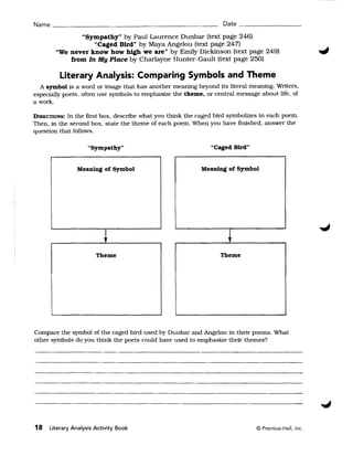 Name ____________________________________________ Date ____________

              "Sympathy" by Paul Laurence Dunbar (text page 246) 

                  "Caged Bird" by Maya Angelou (text page 247) 

       "We never know how high we are" by Emily Dickinson (text page 249) 

           from In My Place by Charlayne Hunter-Gault (text page 250) 


         Literary Analysis: Comparing Symbols and Theme
  A symbol is a word or image that has another meaning beyond its literal meaning. Writers,
especially poets, often use symbols to emphasize the theme, or central message about life, of
a work.

DIRECTIONS: In the first box, describe what you think the caged bird symbolizes in each poem.
Then. in the second box. state the theme of each poem. When you have finished. answer the
question that follows.

                    "Sympathy"                                "Caged Bird"


               Meaning of Symbol                           Meaning of Symbol




                       Theme                                     Theme




Compare the symbol of the caged bird used by Dunbar and Angelou in their poems. What
other symbols do you think the poets could have used to emphasize their themes?




18   Literary Analysis Activity Book                                          © Prentice-Hall. Inc.
 
