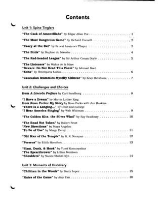 Contents 

Unit 1: Spine Tinglers

"The Cask of Amontillado" by Edgar Allan Poe. . . . . . . . . . . . . . . . . . . . . , l' 

                                                                                                     ,
"The Most Dangerous Game" by Richard Connell. . . . . . . . . . . . . . . . . . . ~ 21 

"Casey at the Bat" by Ernest Lawrence Thayer . . . . . . . . . . . . . . . . . . . . . . 3 

"The Birds" by Daphne du Maurier . . . . . . . . . . . . . . . . . . . . . . . . . . . . . . . 4 

"The Red-headed League" by Sir Arthur Conan Doyle . . . . . . . . . . . . . . . . . 5 

"The Listeners" by Walter de la Mare 

"Beware: Do Not Read This Poem" by Ishmael Reed 

"Echo" by Henriqueta Lisboa. . . . . . . . . . . . . . . . . . . . . . . . . . . . . . . . . . . . 6 

"Caucasian Mummies Mystify Chinese" by Keay Davidson . . . . . . . . . . . . . 7 


Unit 2: Challenges and Choices

from A Lincoln Preface by Carl Sandburg . . . . . . . . ...               ~   . . . . ......... 8 


"I Have a Dream" by Martin Luther King 

from Rosa Parks: My Story by Rosa Parks with Jim Haskins 

"There Is a Longing ... to by Chief Dan George 

"I Hear America Singing" by Walt Whitman . . . . . . . . . . . . . . . . . . . . .... 9 

"The Golden Kite, the Silver Wind" by Ray Bradbury . . . . . . . . . . . . . . . 10 

"The Road Not Taken" by Robert Frost 

"New Directions" by Maya Angelou 

"To Be of Use" by Marge Piercy . . . . . . . . . . . . . . . . . . . . . . . . . . . . . . . . 11 

"Old Man of the Temple" by R. K. Narayan . . . . . . . . . . . . . . . . . . . . . . . 12 

"Perseus" by Edith Hamilton. . . . . . . . . . . . . . . . . . . . . . . . . . . . . . . . . . . 13 

"Slam, Dunk, &: Hook" by Yusef Komunyakaa 

"The Spearthrower" by Lillian Morrison 

"Shoulders" by Naomi Shahib Nye . . . . . . . . . . . . . . . . . . . . . . . . . . . . . . . 14 


Unit 3: Moments of Discovery
"Children in the Woods" by Barty Lopez . . . . . . . . . . . . . . . . . . . . . . . . . 15 

"Rules of the Game" by Amy Tan . . . . . . . . . . . . . . . . . . . . . . . . . . . . . . 16 

 