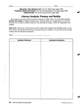 Name ____________________________________________ Date _________

              "Macavity: The Mystery Cat" by T.S. Eliot (text page 346) 

        "Problems With Hurricanes" by Victor Hernandez Cruz (text page 350) 

                  "Jabberwocky" by Lewis Carroll (text page 352) 


                   Literary Analysis: Fantasy and Reality
  These poems not only rely on humorous diction for comic effect, but also blend together
fantasy and reality in highly amusing ways. Fantasy allows our imaginations to run wild
because it is a realm in which events are not dictated by reality-where the impossible can
happen.

DIRECTIONS: Choose one of the poems in this section and complete the following chart. In the
first column. list those elements from the poem that are realistic or true to life. In the second
column, list the fantastical elements.
Poem: _________________________________________


              Realistic Elements                             Fantastical Elements




26   Literary Analysis Activity Book                                             © Prentice-Hall, Inc.
 
