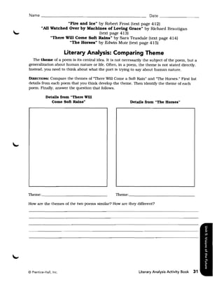 Name ________________~___________________________ Date _____________

                      "Fire and Ice" by Robert Frost (text page 412) 

         "All Watched Over by Machines of Loving Grace" by Richard Brautigan 

                                     (text page 413) 

              "There Will Come Soft Rains" by Sara Teasdale (text page 414) 

                       "The Horses" by Edwin Muir (text page 415) 


                        Literary Analysis: Comparing Theme
  The theme of a poem is its central idea. It is not necessarily the subject of the poem, but a
generalization about human nature or life. Often, in a poem, the theme is not stated directly.
Instead. you need to think about what the poet Is trying to say about human nature.

DIRECTIONS: Compare the themes of "There Will Come a Soft Rain" and "The Horses." First list
details from each poem that you think develop the theme. Then identifY the theme of each
poem. Finally. answer the question that follows.

            Details from "There Will
               Come Soft Rains"                          Details from "The Horses"




Theme: __________________________                Theme: ___________________________

How are the themes of the two poems similar? How are they different?




© Prentice-Hall, Inc.                                         Literary Analysis Activity Book   31
 
