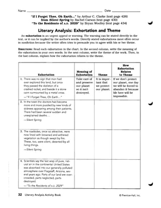 Name ________________________                                             Date _ _ _ _ _ _ __

           "If I Forget Thee, Oh Earth ... " by Arthur C. Clarke (text page 426) 

                   from Silent Spring by Rachel Carson (text page 430) 

           "To the Residents of A.D. 2029" by Bryan Woolley (text page 434) 


                 Literary Analysis: Exhortation and Theme
  An exhortation is an urgent appeal or warning. The warning can be stated directly in the
text. or it can be implied by the author's words. Directly stated exhortations more often occur
in nonfiction because the writer often tries to persuade you to agree with his or her theme.

DIRECTIONS:  Read each exhortation in the chart. In the second column. write the meaning of
the exhortation in your own words. In the next column, write the theme of the work. Then, in
the last column, explain how the exhortation relates to the theme.


                                                                                           How
                                                                                       Exhortation
                                                   Meaning of                            Relates
                 Exhortation                       Exhortation      Theme               to Theme
 1. There was no sign that men had                 Take care of   It is impor ­   If we don't protect
    ever explored this land, but once              and preserve   tant that       our planet, one day
    they passed the skeleton of a                  our planet     we protect      we will be forced to
    crashed rocket, and beside it a stone          so it isn't    our planet.     abandon it because
    cairn surmounted by a metal cross.             destroyed.                     life here will be
     -"If I Forget Thee, Oh Earth ... "                                           impossible.

 2. In the town the doctors had become
    more and more puzzled by new kinds of
    sickness appearing among their patients.
    There had been several sudden and
    unexplained deaths....
     -Silent Spring



 3. The roadsides, once so attractive, were
    now lined with browned and withered
    vegetation as though swept by fire.
    These, too, were silent, deserted by all
    living things.
     -Silent Spring



 4. Scientists say the last wisp of pure, nat­
     ural air in the continental United States
     was absorbed into our generally polluted
     atmosphere over Flagstaff, Arizona, sev­
     eral years ago. Parts of our land are over­
     crowded, parts neglected, parts
     destroyed.
     -"To the Residents of A.D. 2029"


32    Literary Analysis Activity Book                                                 © Prentice-Hall, Inc.
 