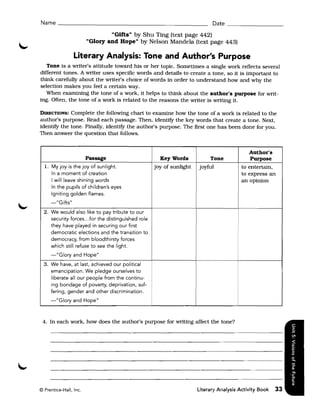 Name ________________________________________________ Date __________

                                "Gifts" by Shu Ting (text page 442) 

                        "Glory and Hope" by Nelson Mandela (text page 443) 


                 Literary Analysis: Tone and Author's Purpose
   Tone is a writer's attitude toward his or her topic. Sometimes a single work reflects several
different tones. A writer uses specific words and details to create a tone, so it is important to
think carefully about the writer's choice of words in order to understand how and why the
selection makes you feel a certain way.
   When examining the tone of a work, it helps to think about the author's purpose for writ­
ing. Often, the tone of a work is related to the reasons the writer is writing it.

DIRECTIONS:  Complete the following chart to examine how the tone of a work is related to the
author's purpose. Read each passage. Then, identify the key words that create a tone. Next,
identify the tone. Finally, identify the author's purpose. The first one has been done for you.
Then answer the question that follows.


                                                                                              Author's
                        Passage                         Key Words            Tone             Purpose
  l. My joy is the joy of sunlight.                   joy of sunlight   joyful             to entertain,
     In a moment of creation                                                               to express an
     I will leave shining words                                                            an opinion
     In the pupils of children's eyes
     Igniting golden flames.
     -"Gifts"
  2. We would also like to pay tribute to our
     security forces ... for the distinguished role
     they have played in securing our first
     democratic elections and the transition to
     democracy, from bloodthirsty forces
     which still refuse to see the light.
     -"Glory and Hope"
  3. We have, at last, achieved our political
     emancipation. We pledge ourselves to
     liberate all our people from the continu ­
     ing bondage of poverty, deprivation, suf­
     fering, gender and other discrimination.
     -"Glory and Hope"



 4. In each work, how does the author's purpose for writing affect the tone?




© Prentice-Hall, Inc.                                                   Literary Analysis Activity Book   33
 