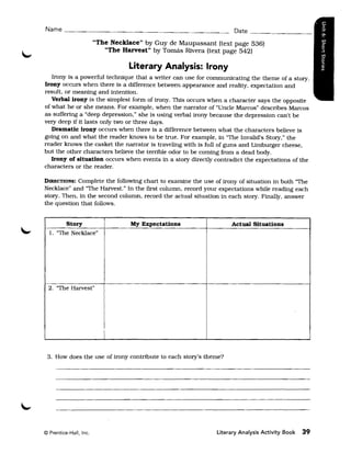 Name __________________________________                             Date ____________

                        "The Necklace" by Guy de Maupassant (text page 536)
                           "The Harvest" by Tomas Rivera (text page 542)

                                  Literary Analysis: Irony
   Irony is a powerful technique that a writer can use for communicating the theme of a story.
Irony occurs when there is a difference between appearance and reality, expectation and
result, or meaning and intention.
   Verbal irony is the simplest form of irony. This occurs when a character says the opposite
of what he or she means. For example, when the narrator of "Uncle Marcos" deSCribes Marcos
as suffering a "deep depression," she is using verbal irony because the depression can't be
very deep if it lasts only two or three days.
   Dramatic irony occurs when there is a difference between what the characters believe is
going on and what the reader knows to be true. For example. in "The Invalid's Story," the
reader knows the casket the narrator is traveling with is full of guns and Limburger cheese,
but the other characters believe the terrible odor to be coming from a dead body.
   Irony of situation occurs when events in a story directly contradict the expectations of the
characters or the reader.

DIRECTIONS: Complete the following chart to examine the use of irony of situation in both "The
Necklace" and 'The Harvest." In the first column, record your expectations while reading each
story. Then, in the second column. record the actual situation in each story. Finally, answer
the question that follows.


        Story                      My Expectations                 Actual Situations
  1. "The Necklace"




  2. "The Harvest"




                           I
 3. How does the use of irony contribute to each story's theme?




© Prentice-Hall, Inc.                                        Literary Analysis Activity Book   39
 
