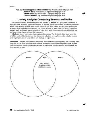 Name ______________________________________________ Date _________

        "On the Grasshopper and the Cricket" by John Keats (text page 842)
                 Sonnet 30 by William Shakespeare (text page 843)
                Three Haiku by Basho and Chiyojo (text page 844)
                 "Hokku Poems" by Richard Wright (text page 845)

          Literary Analysis: Comparing Sonnets and Haiku
   The poems by Keats and Shakespeare are sonnets. A sonnet is a lyrtc poem consisting of
fourteen lines. A sonnet typically is written in rhymed iambic pentameter (ten-syllable lines in
which every second syllable is accented). Sonnets can differ based on their form and rhyme
schemes. In a Shakespearean sonnet. the rhyme scheme is abab cdcd efef 99. A Petrarchan
sonnet. such as Keats's poem. consists of eight lines with the rhyme scheme abbaabba. and
six lines with a rhyme scheme that can vary.
   A haiku is a very brief poem that originated in Japan. The first and third lines have five
syllables each. while the second line has seven syllables. In very few words. a haiku creates
a strong impression of a specific event, feeling. or experience.

DIRECTIONS: Compare and contrast the sonnet with the haiku by completing the following Venn
diagram. In the outer portions of each circle. record the characteristics of each type of poem
that are different. In the overlapping section. record those that are similar. The diagram has
been started for you.




                       Sonnet                                      Haiku


                                         uses sensory
                                        details to create
                                       vivid impressions




56   Literary Analysis Activity Book                                            © Prentice-Hall, Inc.
 