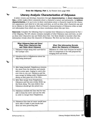 Name ______________________________________________ Date _________________

                        from the Odyssey, Part 1. by Homer (text page 860)

              Literary Analysis: Characterization of Odysseus
   A writer creates and develops characters through characterization. In direct characteriza­
tion. a writer makes direct comments about a character's nature and personality. In indirect
characterization, it is up to you to draw conclusions about a character based on the charac­
ter's appearance and what he or she says and does, as well as what other characters say and
do in relation to that character. Much of Homer's characterization of Odysseus relies on indi­
rect information from which you can draw conclusions about this epic hero.

DIRECTIONS: Complete the following chart to examine how Odysseus is characterized in Part I
of the Odyssey. The left column contains examples of what Odysseus says and does, as well
as what other characters say and think about him. Use these details to examine what this
information reveals about the character of Odysseus. The first one has been done for you.


        What Odysseus Says and Does!
          What Other Characters Say                    What This Information Reveals
          and Think About Odysseus                    About the Character of Odysseus
  I. Odysseus brings along wine and food to       Odysseus is a wise man because he knows
     the Cyclops' cave.                           that it is important to be well prepared by
                                                  bringing food and drink.
 2. Odysseus lies to Polyphemus about his
    ship being destroyed.




 3. After being attacked, Polyphemus removes
    the stone from the doorway and stands
    with is arms open, hoping to catch who­
    ever tries to run out. Odysseus and his
    men escape by hiding under Polyphemus's
    sheep as they pass out of the door.
 4. After they escape from Polyphemus,
    Odysseus and his men evenly divide up
    the flock sheep. The men believe that
    Odysseus should get the prized ram.

 5. Odysseus reminds his men that he was
    able to keep his nerve and use his wits
    in order to escape from Polyphemus.



 6. Odysseus says that he never would have
    been able to make it past Scylla had
    Zeus not been protecting him.




© Prentice-Hall, Inc.                                         Literary Analysis Activity Book   57
 
