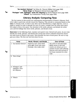 Name ____________________________________________ Date _______________

          "An Ancient Gesture" by Edna St. Vincent Millay (text page 926) 

                 "Siren Song" by Margaret Atwood (text page 927) 

   "Prologue" and "EpUogue" from the Odyssey by Derek Walcott (text page 928) 

                  "Ithaca" by Constantine Cavafy (text page 930) 


                        Literary Analysis: Comparing Tone
   The four poems in this section are contemporary interpretations of Homer's Odyssey. Each
writer takes a particular attitude toward the Odyssey. This attitude is commonly known as the
tone of a literary work. A writer's tone often can be described by a single adjective, such as
joyful or somber. In order to identifY the tone of a poem, consider how the writer feels about
 the subject of his or her poem. Pay attention to the words, phrases, and details the writer
 uses and the feelings that these words, phrases. and details reveal.

DIRECTIONS:  In the following chart, examine each poem's tone. Reread each poem. As you read,
identifY the words. phrases, and details that reveal each writer's attitude toward the charac­
ters and events in Homer's epic poem. Then describe the tone of each poem. Be sure to sup­
port your ideas. The first one has been done for you.


          Poem               Words. Phrases. and Details                 Tone of Poem
  1. "An Ancient Gesture"   wiped my eyes; arms tired;          The poem is sad and angry.
                            neck tight; burst into tears;       Millay seems to feel that
                            Penelope, who really cried          women are always put in a
                                                                position of pain and suffering.
                                                                whereas men only pretend to
                                                                feel those emotions for other
                                                                ends.
 2. "Siren Song"




 3. "Prologue" and
    "Epilogue" from
    the Odyssey


                                                            I



 4. "Ithaca"




© Prentice-Hall, Inc.                                           Literary Analysis Activity Book   59
 