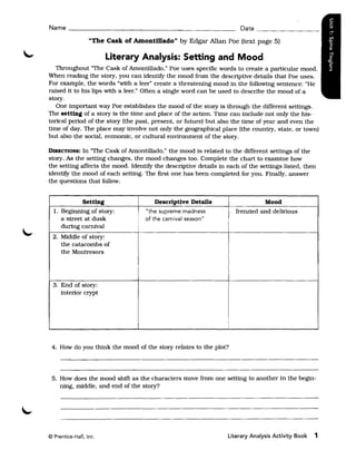 Name ______________________________________________ Date ____________

                  "The Cask of Amontillado" by Edgar Allan Poe (text page 5)

                        Literary Analysis: Setting and Mood
   Throughout "The Cask of Amontillado." Poe uses specific words to create a particular mood.
When reading the story. you can identify the mood from the descriptive details that Poe uses.
For example, the words "with a leer" create a threatening mood in the following sentence: "He
raised it to his lips with a leer." Often a single word can be used to describe the mood of a
story.
   One important way Poe establishes the mood of the story is through the different settings.
The setting of a story is the time and place of the action. Time can include not only the his­
torical period of the story (the past, present, or future) but also the time of year and even the
time of day. The place may involve not only the geographical place (the country, state, or town)
but also the social, economic, or cultural environment of the story.

DIRECTIONS:  In "The Cask of Amontillado," the mood is related to the different settings of the
story. As the setting changes, the mood changes too. Complete the chart to examine how
the setting affects the mood. Identify the descriptive details in each of the settings listed, then
identify the mood of each setting. The first one has been completed for you. Finally, answer
the questions that follow.


             Setting                    Descriptive Details                     Mood
  1. Beginning of story:             "the supreme madness             frenzied and delirious
     a street at dusk            i   of the carnival season"
     during carnival
  2. Middle of story:
     the catacombs of
     the Montresors




  3. End of story:
     interior crypt




                                                                  I

 4. How do you think the mood of the story relates to the plot?



 5. How does the mood shift as the characters move from one setting to another in the begin­
    ning, middle, and end of the story?




© Prentice-Hall, Inc.                                             Literary Analysis Activity Book   1
 