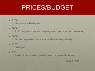 PRICES/BUDGET
• $200
  •   Gift cards for RU Express

• $600
  •   $150 per guest speaker in the programs (1 per month for 1 semester)

• $800
  •   Goodie bags (Welch's fruit snacks, Nature Valley, Water)

• $187
  •   500 Flyers

• $0
  •   Student interns majoring in Nutrition to be personal mentors

                                                         Total: $1,787
 