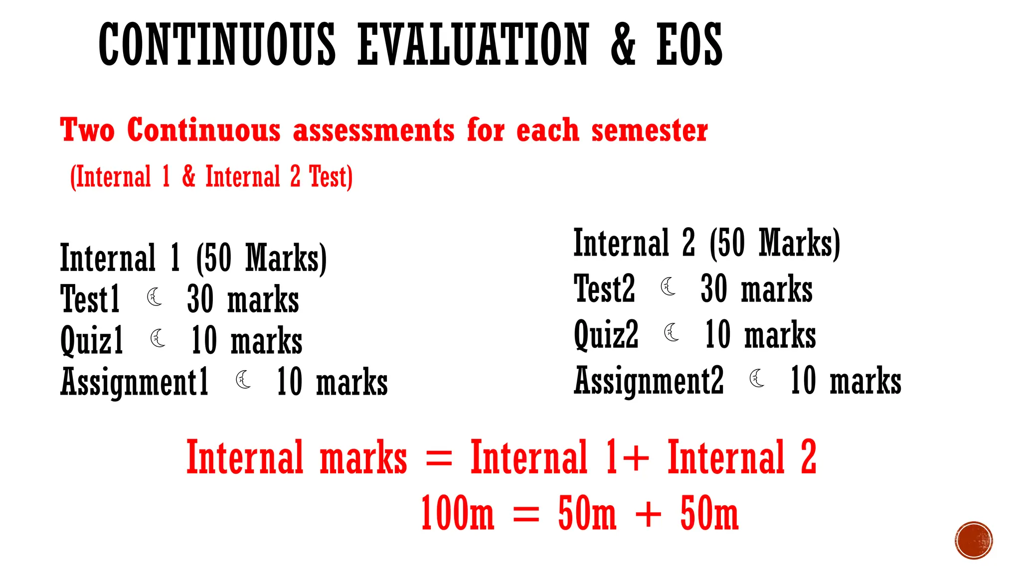 CONTINUOUS EVALUATION & EOS
Two Continuous assessments for each semester
(Internal 1 & Internal 2 Test)
Internal 1 (50 Marks)
Test1  30 marks
Quiz1  10 marks
Assignment1  10 marks
Internal 2 (50 Marks)
Test2  30 marks
Quiz2  10 marks
Assignment2  10 marks
Internal marks = Internal 1+ Internal 2
100m = 50m + 50m
 