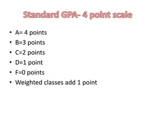 • A= 4 points
• B=3 points
• C=2 points
• D=1 point
• F=0 points
• Weighted classes add 1 point
 