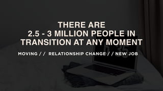 MOVING / / RELATIONSHIP CHANGE / / NEW JOB
THERE ARE
2.5 - 3 MILLION PEOPLE IN
TRANSITION AT ANY MOMENT
 