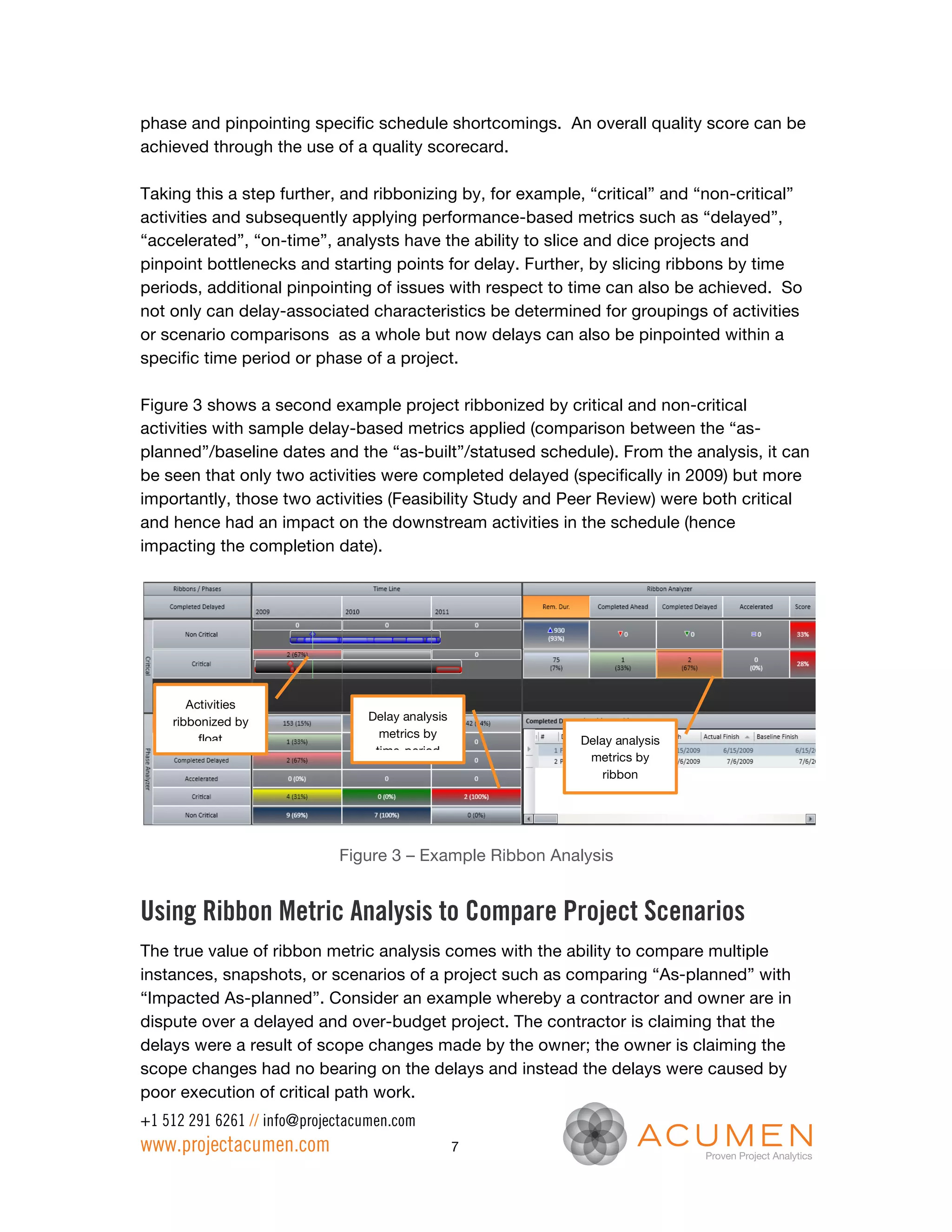 phase and pinpointing specific schedule shortcomings. An overall quality score can be
achieved through the use of a quality scorecard.

Taking this a step further, and ribbonizing by, for example, “critical” and “non-critical”
activities and subsequently applying performance-based metrics such as “delayed”,
“accelerated”, “on-time”, analysts have the ability to slice and dice projects and
pinpoint bottlenecks and starting points for delay. Further, by slicing ribbons by time
periods, additional pinpointing of issues with respect to time can also be achieved. So
not only can delay-associated characteristics be determined for groupings of activities
or scenario comparisons as a whole but now delays can also be pinpointed within a
specific time period or phase of a project.

Figure 3 shows a second example project ribbonized by critical and non-critical
activities with sample delay-based metrics applied (comparison between the “as-
planned”/baseline dates and the “as-built”/statused schedule). From the analysis, it can
be seen that only two activities were completed delayed (specifically in 2009) but more
importantly, those two activities (Feasibility Study and Peer Review) were both critical
and hence had an impact on the downstream activities in the schedule (hence
impacting the completion date).




       Activities
    ribbonized by                Delay analysis
         float                     metrics by
                                                           Delay analysis
                                  time-period
                                                            metrics by
                                                              ribbon




                             Figure 3 – Example Ribbon Analysis


Using Ribbon Metric Analysis to Compare Project Scenarios
The true value of ribbon metric analysis comes with the ability to compare multiple
instances, snapshots, or scenarios of a project such as comparing “As-planned” with
“Impacted As-planned”. Consider an example whereby a contractor and owner are in
dispute over a delayed and over-budget project. The contractor is claiming that the
delays were a result of scope changes made by the owner; the owner is claiming the
scope changes had no bearing on the delays and instead the delays were caused by
poor execution of critical path work.
+1 512 291 6261 // info@projectacumen.com
www.projectacumen.com                             7
 