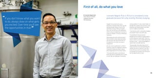 25
If you don’t know what you want
to do, always draw on what gets
you excited. Over time you’ll see
the opportunities in that.
“
“
First of all, do what you love
Leonardo Negrón-Ruíz is 45 but is considered a new
graduate because he’s only recently finished studying.
Straight from university he was a
pharmacist, working in New York City and
earning enough money to buy his first
apartment. He says, “Money only gets
you so far, the rest has to be enjoyment,”
which is why he headed back to school to
study for a Master of Science in Medicinal
Chemistry.
Alternating work with study has meant
that Leonardo’s career advanced quickly
because each new role let him draw on
his experience to further his study or
employment.
His most recent qualification is a PhD in
Chemistry, which he completed at Massey
University’s Palmerston North campus
after emigrating from the United States.
“In my job there’s never a dull moment.
Every day there is something new to work
on and I like the challenge of constantly
solving problems. I’m also a team leader so I
manage PhD students and scientists, write
proposals and initiate projects and make
sure our targets are delivered.
“I love that my work is constantly changing
and wouldn’t have it any other way.
“It’s beneficial to have an eclectic
background and it gives you great options
further along your career path. There’s no
reason science can’t be studied along with
business or law — I think mixing degrees is
a great idea to provide diversity.
“Young people these days have a lot of
choice and that can be overwhelming. My
number one piece of advice? If you don’t
know what you want to do, always draw
on what gets you excited. Over time you’ll
see the opportunities in that.”
Dr Leonardo Negrón-Ruíz
Senior Research Scientist
Callaghan Innovation
PhD (chemistry)
 