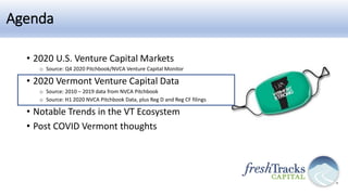 Agenda
• 2020 U.S. Venture Capital Markets
o Source: Q4 2020 Pitchbook/NVCA Venture Capital Monitor
• 2020 Vermont Venture...