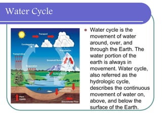 Water Cycle
 Water cycle is the
movement of water
around, over, and
through the Earth. The
water portion of the
earth is always in
movement. Water cycle,
also referred as the
hydrologic cycle,
describes the continuous
movement of water on,
above, and below the
surface of the Earth.
 