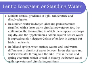 Lentic Ecosystem or Standing Water
 Exhibits vertical gradients in light, temperature and
dissolved gases.
 In summer, water in deeper lakes and ponds becomes
stratified with a layer warm circulating water on top, the
epilimnion, the thermocline in which the temperature drops
rapidly, and the hypolimnion a bottom layer if denser water
is approximately 4 degrees Celsius often low in oxygen but
high in nutrients.
 In fall and spring, when surface waters cool and warm,
differences in density of water between layers decrease and
water circulates throughout the lake. This is the fall and
spring over turn, which is vital in mixing the bottom water
with top water and circulating nutrients.
 