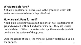 What are Salt Pans?
A shallow container or depression in the ground in which salt
water evaporates to leave a deposit of salt.
How are salt Pans formed?
A salt plain (also known as a salt pan or salt flat) is a flat area of
ground covered with salt and other minerals. They are usually
purely white. ... When the water dries up, the minerals stay left
behind on the surface of the ground.
Over thousands of years, the minerals (usually salts) build up on
the surface. KKR1116 126
 