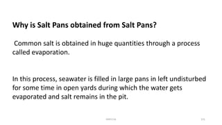 Why is Salt Pans obtained from Salt Pans?
Common salt is obtained in huge quantities through a process
called evaporation.
In this process, seawater is filled in large pans in left undisturbed
for some time in open yards during which the water gets
evaporated and salt remains in the pit.
KKR1116 131
 