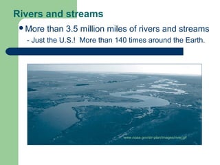 Rivers and streams
More

than 3.5 million miles of rivers and streams

- Just the U.S.! More than 140 times around the Earth.

www.noaa.gov/str-plan/images/river.gif

 