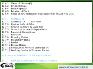 12.6.2. Name of Director(S)
12.6.3. Credit Ratings
12.6.4. Plant Capacity
12.6.5. Location of Plant
12.6.6. Name of Raw Material(S) Consumed With Quantity & Cost
12.7. SECTION–II
12.7.1. Assets12.7.2. Cash Flow
12.7.3. Cost as % Ge of Sales
12.7.4. Growth in Assets & Liabilities
12.7.5. Growth in Income & Expenditure
12.7.6. Income & Expenditure
12.7.7. Liabilities
12.7.8. Liquidity Ratios
12.7.9. Profitability Ratio
12.7.10. Profits
12.7.11. Return Ratios
12.7.12. Structure of Assets & Liabilities (%)
12.7.13. Working Capital & Turnover Ratios
13.COMPANY PROFILE OF MAJOR PLAYERS
14. EXPORT & IMPORT STATISTICS OF INDIA
www.entrepreneurindia.co
 