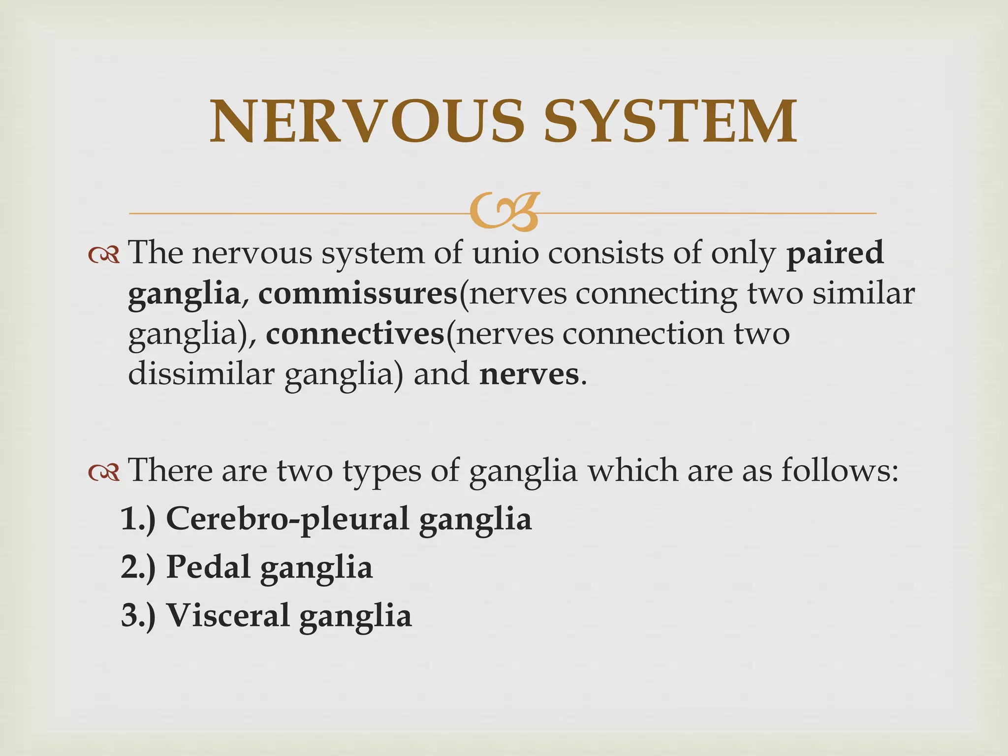  The nervous system of unio consists of only paired
ganglia, commissures(nerves connecting two similar
ganglia), connectives(nerves connection two
dissimilar ganglia) and nerves.
 There are two types of ganglia which are as follows:
1.) Cerebro-pleural ganglia
2.) Pedal ganglia
3.) Visceral ganglia
NERVOUS SYSTEM
 