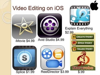 Video Editing on iOS
iMovie $4.99
ReelDirector $3.99Splice $1.99 $.99
Avid Studio $4.99
Explain Everything
$2.99
 