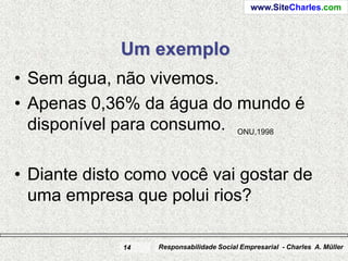 www.SiteCharles.com




             Um exemplo
• Sem água, não vivemos.
• Apenas 0,36% da água do mundo é
  disponível para consumo. ONU,1998

• Diante disto como você vai gostar de
  uma empresa que polui rios?

             14   Responsabilidade Social Empresarial - Charles A. Müller
 