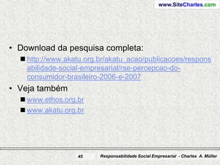 www.SiteCharles.com




• Download da pesquisa completa:
   http://www.akatu.org.br/akatu_acao/publicacoes/respons
    abilidade-social-empresarial/rse-percepcao-do-
    consumidor-brasileiro-2006-e-2007
• Veja também
   www.ethos.org.br
   www.akatu.org.br




                  45     Responsabilidade Social Empresarial - Charles A. Müller
 