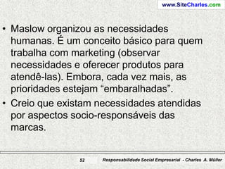 www.SiteCharles.com



• Maslow organizou as necessidades
  humanas. É um conceito básico para quem
  trabalha com marketing (observar
  necessidades e oferecer produtos para
  atendê-las). Embora, cada vez mais, as
  prioridades estejam “embaralhadas”.
• Creio que existam necessidades atendidas
  por aspectos socio-responsáveis das
  marcas.


                52   Responsabilidade Social Empresarial - Charles A. Müller
 