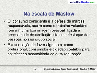 www.SiteCharles.com




           Na escala de Maslow
• O consumo consciente e a defesa de marcas
  responsáveis, assim como o trabalho voluntário
  formam uma boa imagem pessoal, ligada à
  necessidade de aceitação, status e destaque das
  pessoas no seu grupo social.
• E a sensação de fazer algo bom, como
  profissional, consumidor e cidadão contribui para
  satisfazer a necessidade de auto-realização.


                 54    Responsabilidade Social Empresarial - Charles A. Müller
 