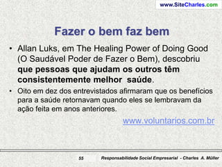 www.SiteCharles.com




             Fazer o bem faz bem
• Allan Luks, em The Healing Power of Doing Good
  (O Saudável Poder de Fazer o Bem), descobriu
  que pessoas que ajudam os outros têm
  consistentemente melhor saúde.
• Oito em dez dos entrevistados afirmaram que os benefícios
  para a saúde retornavam quando eles se lembravam da
  ação feita em anos anteriores.
                                    www.voluntarios.com.br



                    55    Responsabilidade Social Empresarial - Charles A. Müller
 