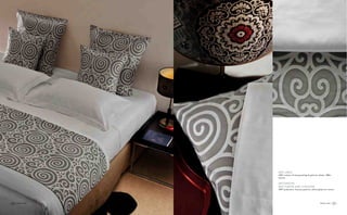 frette.com frette.com26 27frette.com26
BED LINEN
100% cotton, Sonia pinstriped pattern, white, 400tc
sateen.
DECORATIVE
BED-THROW AND CUSHIONS
100% polyester, Assuan pattern, silver/ghiaccio colour.
 