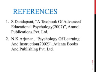 REFERENCES
1. S.Dandapani, “A Textbook Of Advanced
Educational Psychology(2007)”, Anmol
Publications Pvt. Ltd.
2. N.K.Arjunan, “Psychology Of Learning
And Instruction(2002)”, Atlanta Books
And Publishing Pvt. Ltd.
………
 