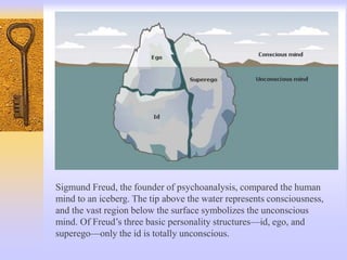 Sigmund Freud, the founder of psychoanalysis, compared the human
mind to an iceberg. The tip above the water represents consciousness,
and the vast region below the surface symbolizes the unconscious
mind. Of Freud’s three basic personality structures—id, ego, and
superego—only the id is totally unconscious.
 